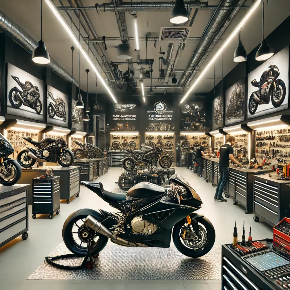 DALL·E 2024-11-08 15.19.39 - The interior of a high-end motorcycle repair and customization shop specializing in high-performance bikes. The space is modern and well-organized, wi